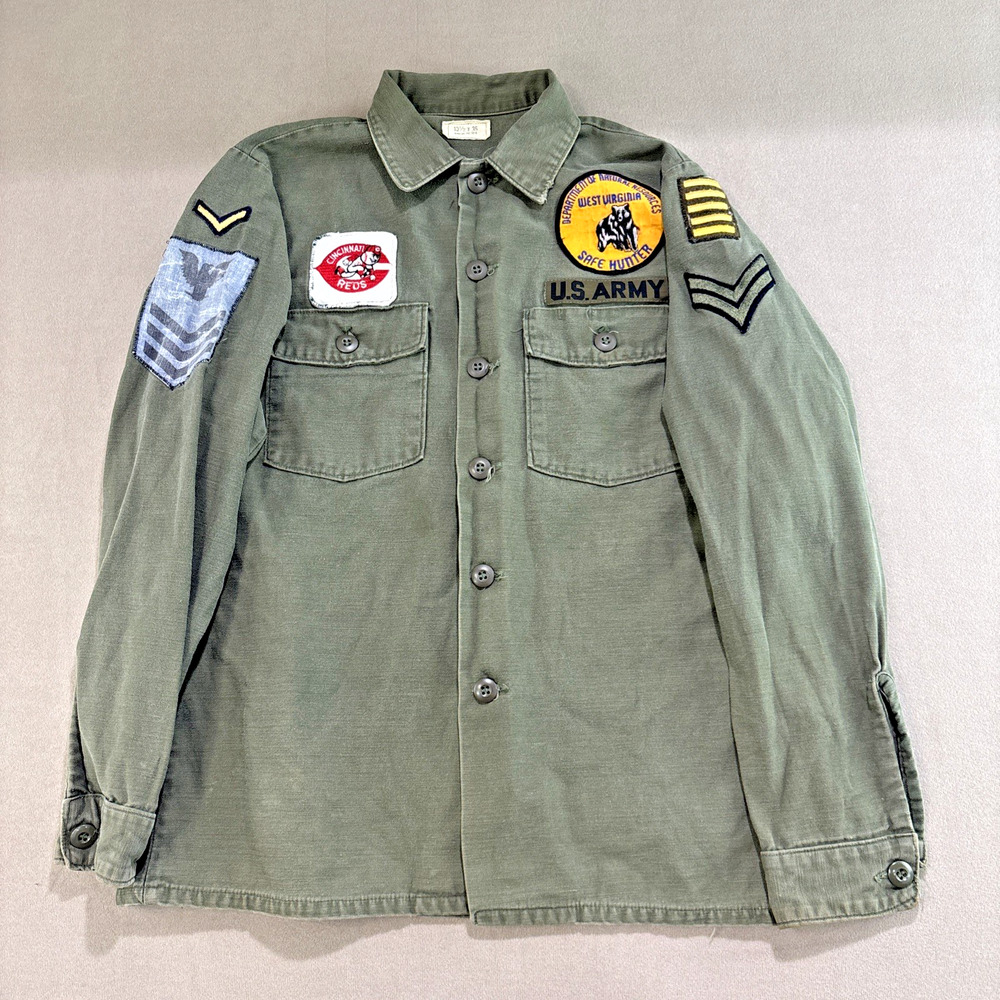 Vtg US Army Utility Shirt Long Sleeve w/ Patches Apollo 11 Space Rifle Match